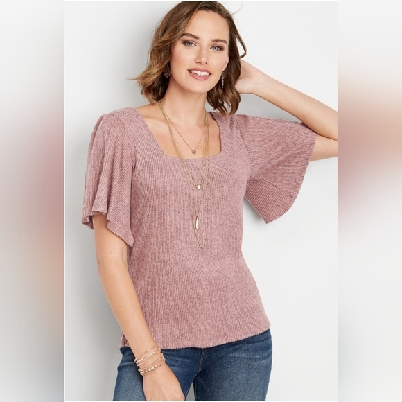 Maurices Top Womens Small Pink Shirt Ribbed Square Neck Flutter Sleeve Soft - Picture 2 of 12